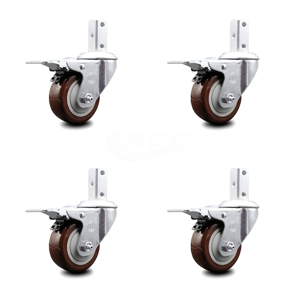 3 Inch Maroon Poly Wheel Swivel 7/8 Inch Square Stem Caster Set Total Lock Brake